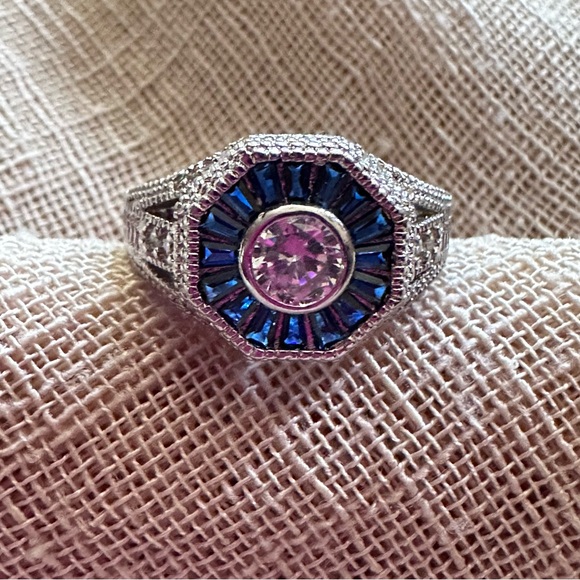 Art Deco Style Sterling Silver and Blue Gemstone Engagement Ring - Picture 2 of 10